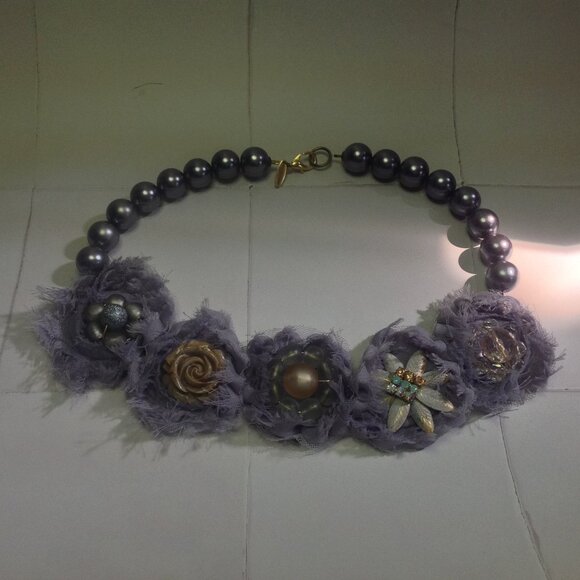 lenora dame Necklace Chunky Floral Mixed Elements Plum Statement Boho - Picture 11 of 15